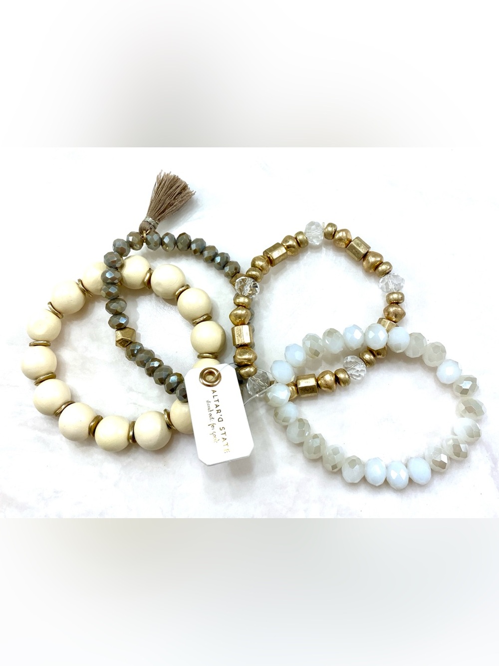 Altar' State Beaded Stacking Bracelet Set Cream Gold Crystal Tassel Boho NWT 